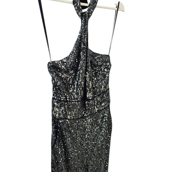 Anthropologie Maeve Sequin Halter Jumpsuit Black & Silver Wide Leg, Size 8, NWT - Picture 9 of 13